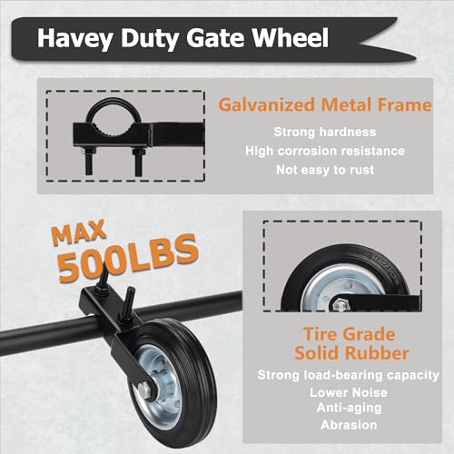 6" Heavy Duty Farm Gate Wheel - 500LB Solid Rubber Gate Helper Wheel for 1-5/8" Thru 2" Metal Tube/Swing Gate, Chain Link Fence, U-Bolt Install, 2 Pack
