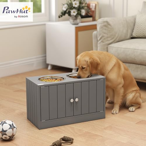 PawHut Large Elevated Dog Bowls with Storage Cabinet 44L Capacity Gray | Raised Dog Bowl Stand, Pet Feeding Station - color: Gray