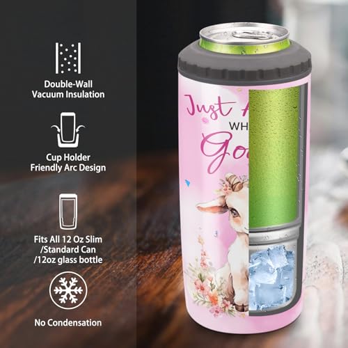 Just a Girl Who Loves Goats 4-in-1 Can Cooler Insulated Tumbler Floral 12 oz Slim Cans Bottles Holder Tumblers Travel Water Bottle Farmhouse Style Gift for Farm Girls Lovers