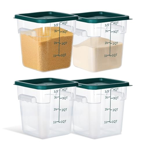 4 Pack 4QT Square Food Storage Containers with Lids | Clear NSF polycarbonate containers with scale, label and measuring cup, stackable for prep, storage, freezer. Dishwasher safe - color: 4Qt