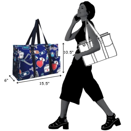 NGIL Utility Water Resistant Tote Bag | Work Tote for Women, Nurse Bag, Teacher's Choice Purse, Gym Bag, Everyday Organizer Top Zipper Closure - color: Nurse Theme-navy