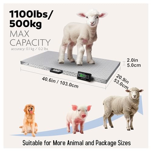 Charmline 1100lbs x 0.2lbs High Accuracy Digital Postal Scale with 41x21 in Large Stainless Steel Platform, Heavy Duty Scale for Dog, Pig, Goat Sheep, Battery & AC Adapter Powered, Slip-Resistant - size: 41x21 in