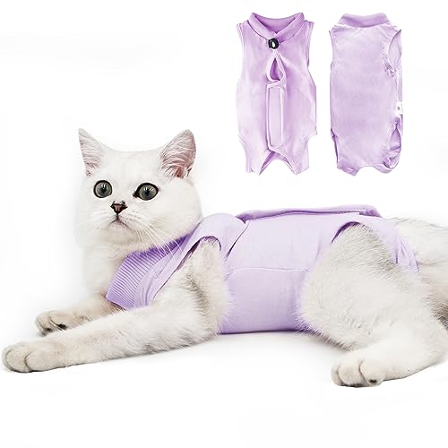 DOTON Cat Recovery Suit for Male and Female Surgical Post Surgery Soft Cone Onesie Shirt Clothes Neuter Licking Protective Diapers Outfit Cover Kitten Spay Collar(S, Purple) - color: Purple, size: Small