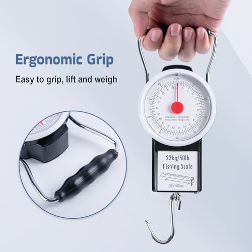 Goture Fishing Hanging Scale + Rope + Ruler, Mechanical Kitchen and Fish Fishing Scale, Multi-Purpose Portable Hand Held Dial Weight Scale with Tape Measure (50 Lbs / 22Kg) - color: Fishing Scale + Rope + Ruler