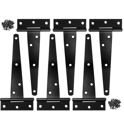 Murtenze Heavy Duty T-Strap Hinge, Black, 6 Inch, 6 pcs | Shed Door Hinges, Gate Hinges, Tee Hinge Wrought Hardware, For Wooden Fences Yard, Rustproof - color: Black, size: 6 Inch - 6Pack