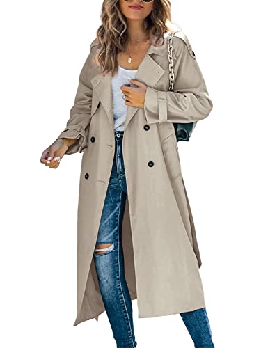 Womens Long Trench Coat Double Breasted Windproof Overcoat With Belt | Classic Lapel,Fall clothing, Spring outfits, Street outwear - color: Khaki, size: Small