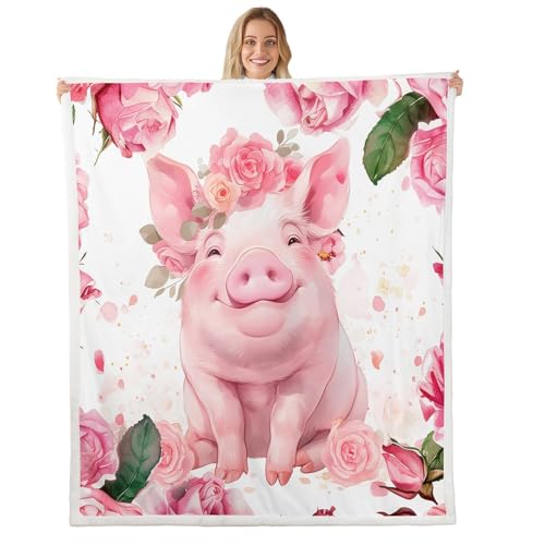 Lovely Pig Kids Throw Blanket,Roses Flowers Dreamy Bed Blanket for Girls Women,Cartoon Animal Cute Livestock Rustic Fleece Blanket,Pink Romantic Fuzzy Blanket,Twin Size (60 x 80 Inches) - color: Pink Green White, size: Twin