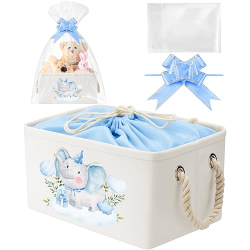 Pickmesh Baby Shower Storage Basket with Gift Bags Rectangular Ribbons Collapsible Canvas Storage Bin with Handles for Diaper Organizing Toy Home DIY Gift Basket, 13 x 9. 1 x 7. 1 Inch(Blue Elephant) - style: Blue Elephant
