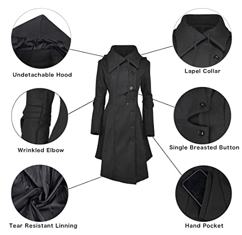 Long Trench Pea Coat for Women - Winter Trench Coat Goth Lapel Peacoat Outwear Thick Hood Pea Jacket Trenchcoat - color: A- Black, size: X-Small