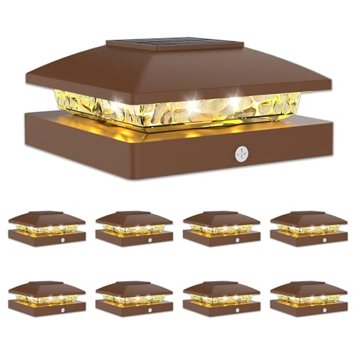 VOLISUN 4x4 Solar Post Cap Lights, 8 Pack Brown Waterproof Fence Lights | Waterproof solar lights fit wooden & vinyl 4x4 posts, warm white illumination for garden, patio and porch outdoor decor - color: Brown, size: 8 Pack