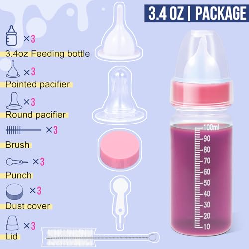 ASEVAT 3.4 oz 3Pack Pet Feeding Bottle, Anti-Choking Puppy Feeder Design,with 3pcs Replaceable and Reusable Silicone Nipples for Feeding Puppies, Kittens, Small Animals - color: Pink