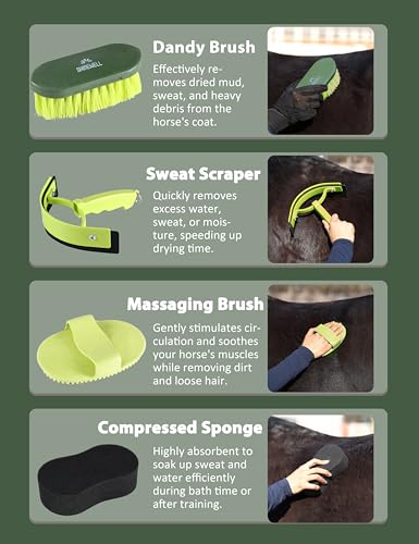 Shinewell Horse Grooming Kit, Complete Horse Brush Set, Equine Grooming Tools for Shedding & Daily Care Green - color: Green