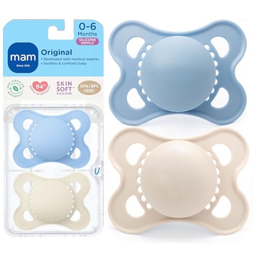 MAM Original Baby Pacifier 0-6 Mths, Skin Soft Silicone Nipple, 2 Pack | For Newborn Babies, BPA-Free Skin Soft Silicone Nipple, Developed With Medical Experts, With Sterilizer Case, Made In Europe - size: 2 Count (Pack of 1)