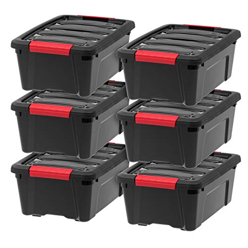 IRIS USA 6-Pack 13 Quart Storage Bins with Lids, Black | Black finish conceals stored items. Ideal for shoes, photos, documents, and small essentials. Nestable design saves space - size: 13 Qt, style: 6 Pack