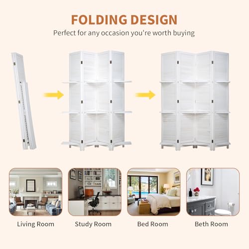 Room Divider 4 Panel Folding Wood 5.6 Ft Tall Privacy Screen Dividers Wall with Three Shelves Portable Partition (White) - color: White