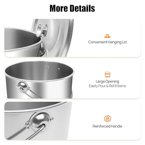 20L/5.2 Gal Stainless Steel Bucket with Lid & Handle, Silver Milk Pail | Metal Bucket Multipurpose Storage Container for Pet Food Rice Sand Ice - size: 20L