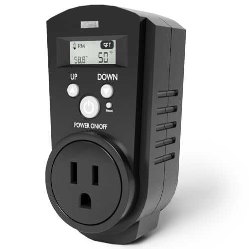 EconoHome Digital Plug in Thermostat - Programmable Thermostat with LCD Screen, Temperature Control & Power Buttons - Compatible with Wall Mount & Portable Heater, Air Cooler, Greenhouse Fans - color: Black, size: Digital Control