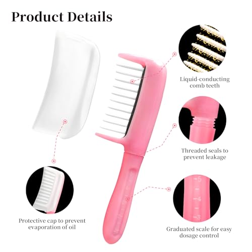 Hair Oil Applicator Comb, Hands-Clean Oiling Brush for Quick Even Application, Wide Teeth Oil Distribution Comb with 5ml Container/Scale Handle for Women/Girls Thin/Straight Hair Daily Care (Pink)