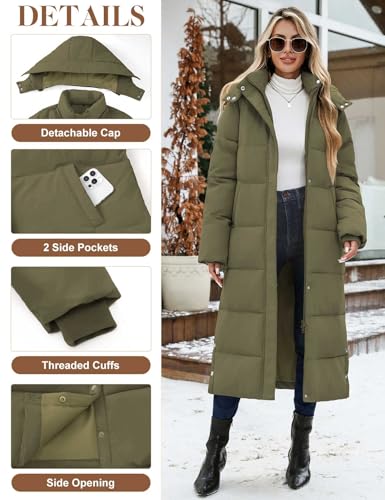 UMIPUBO Women's Long Maxi Down Coat Winter Puffer Jacket | Extra-long,Water Repellent,Side pocket,Faux Fur Removable Hood,Full-Zip,Warm Padded Outerwear - color: Military Green, size: Large