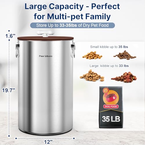 Paw Libero 35 Lbs Stainless Steel Dog Food Storage Container with Airtight Lid & Ceramic Bone Handle, Large Metal Dog Food Bin for Dogs & Cats, Keep Fresh, Easy to Clean - size: 35 lbs