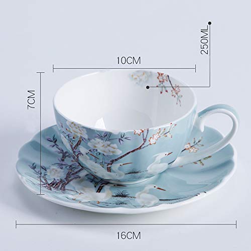 8oz Blue Fine Bone China Coffee Cup with Saucer,Colored Flowers,White Crane Porcelain Tea Cup and Saucer | Vintage Porcelain Coffee Cup with Scalloped Rim for Women and Tea Parties