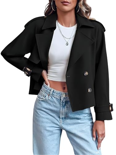 ebossy Women's Double Breasted Short Duster Trench Coat Lapel Loose Windproof Cropped Jacket Coat with Pockets - color: Black, size: X-Large