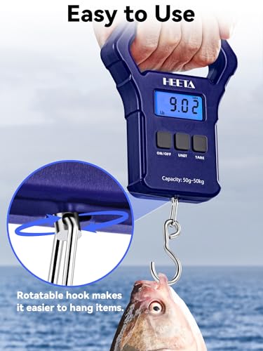 HEETA Fish Scale 110lb/50kg Digital Hanging Fishing Luggage Weight Scale | Portable with Backlit LCD Display, Hook & Non-Slip Large ABS Handle, Fishing Gifts Gear for Men, 2 AAA Batteries Included - color: Blue
