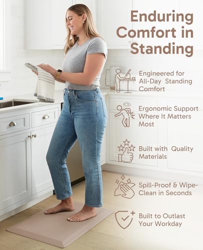 Ophanie Kitchen Mats for Floor,3/4 inch Thick,17x28 Anti Fatigue Cushioned Mat,Kitchen Rugs,Waterproof,Comfort Ergonomic Standing Mat for Office,Home,Sink with 99+ Pairs of Anti-Slip Bottom Ridges - color: Beige, size: 17"L x 28"W x 0.8"Th