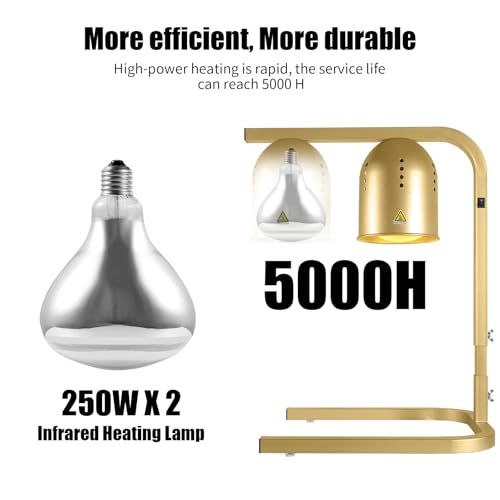 Food Heat Lamp with 2 x 250W Bulbs, 5000+ Hour Lifespan, Gold | 12"×20" Warming Area, UL-Tested, Adjustable Height Stand 22"-30", Commercial & Home Use Restaurant Buffet Bakery Catering - color: Gold