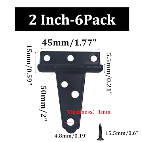 6PCS 2" Heavy Duty T-Strap Hinges, Black Rustic Iron Hinge, Rustproof Gate Tee Hinges for Outdoor Sheds, Barn Doors & Wood Fences-Thickness 1mm - size: 2 Inch