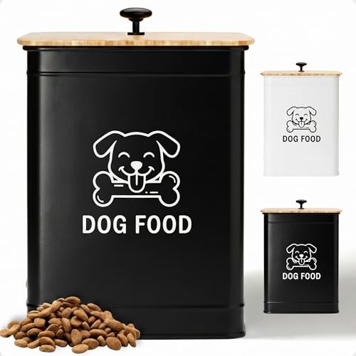 Metal Dog Food Container 5-7lb, 25 Cup w/ Airtight Bamboo Lid, Metal Handle | Pet Jar For Dogs up to 50lbs, Airtight Bamboo Lid, Sturdy Comfortable Metal Handle, Powder Coated Iron, Kibble Storage Bin - color: Black: Dog Face