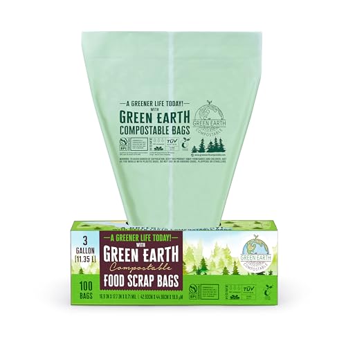 Green Earth Compostable Small Kitchen Food Scrap Trash Bags, Extra Thick 0.71 Mil, Compost Bin Compatible, 3 Gallon, 11.35 Liter, 100-Count, ASTM D6400, BPI (US) & OK Compost Home (EU) Certified - size: 100 Count (Pack of 1), style: 3 Gallon