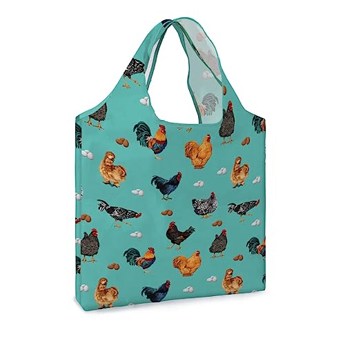 WIRESTER Reusable Grocery Tote Bag for Women, Foldable Shopping Bag, Cute Shoulder Bag, Beach Bag - color: Barnyard Chicken Roosters Teal