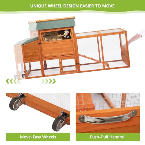 COZIWOW 82" Large Wooden Chicken Coop Mobile Rabbit Hutch with Wheel,Orange | Weatherproof asphalt roof & sunshine board, Anti-slip ramp, Pull-out tray, Hen house with 5 openable doors, Indoor Bunny Cage - color: Orange with Pattern