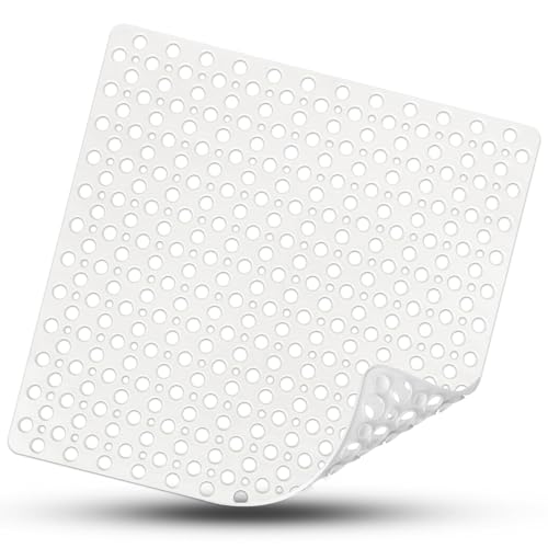 Square Shower Mat Non Slip, 27" x 27" Large Shower Mats for Inside Shower, Soft TPE Shower Floor Mat with Suction Cups and Big Drain Holes, Anti Slip Shower Stall Matt, White - color: White