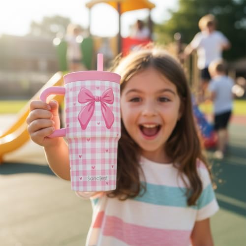 SANDJEST Bow Stainless Steel Tumbler 20oz with Handle and Silicone Straw Locking Lid for Kids Girls, Birthday Christmas Back to School - color: Bow 2