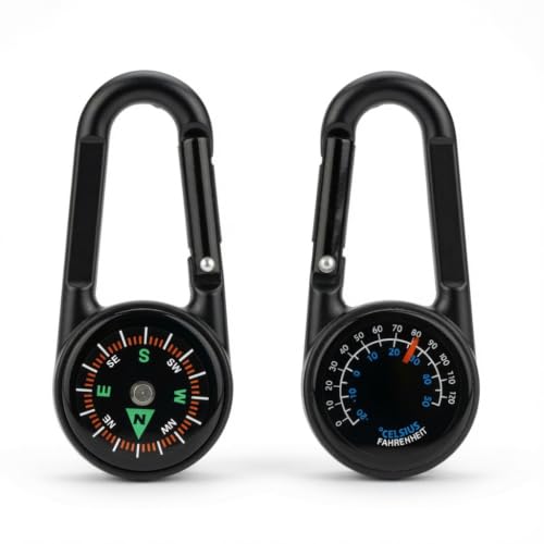 Portable Outdoor Thermometer with Compass Dual Scale °F/°C Aluminum Hiking Camping Thermometer Carabiner No Battery Lightweight - color: Travel