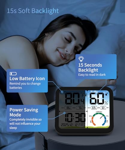 5.8'' Digital Indoor Thermometer Hygrometer, Temp Humidity Monitor & Clock | USB-C & Battery Powered, Large Backlit Display, Calibratable Readings, Max & Min Records, Comfort Level, Date & Time Display - color: Black