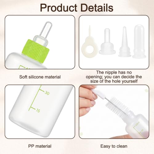 Pet Nursing Kit for Kittens Puppies, 1 Bottle with 4 Shaped Nipples | Syringe Clean Brush, Newborn Small Animal Feeding Set, Kitten Bottle Feeding Supplies(Round Pointed Cylindrical)