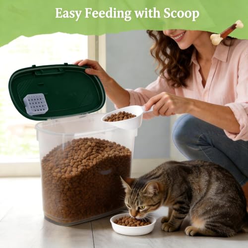 Airtight Dog Cat Food Storage Container 10 Lbs, Slim Tall Pet Food Bin | Pet Food Treat Container with Lid, Scoop and Cup, Clear Plastic Dry Food Storage Bin for Dog, Cat, Bird Seed, Kibble, Pellet - color: Dark Green