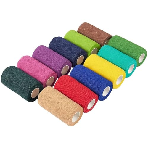 Juvale Cohesive Bandage Vet Wrap Rolls - Sprain & Strain Support Elastic Bandage & Vet Wrap for Dogs & Horses - Self-Adherent Dog Wound Care Tape - First Aid & Sports Tape - 12 Count, 4 in x 5 yd - size: 4 Inch x 5 Yards (12 Count)