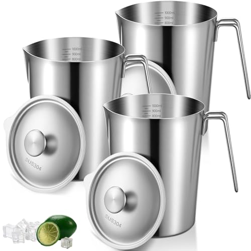 3 Pcs 32 oz Stainless Steel Pitcher with Lid (4 Cup, 1000 ML) | Metal Measuring Cup, Large Mouth Graduated Beakers with Handle, Milk Frothing Jug for Espresso, Latte Art, Hot/cold Water - size: 32 oz(4 Cup, 1000 ML)