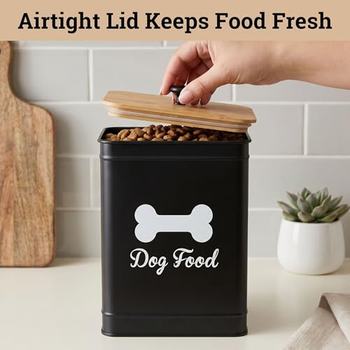 Metal Dog Food Container 5-7lb, 25 Cup w/ Airtight Bamboo Lid, Metal Handle | Pet Jar For Dogs up to 50lbs, Airtight Bamboo Lid, Sturdy Comfortable Metal Handle, Powder Coated Iron, Kibble Storage Bin - color: Black: Bone