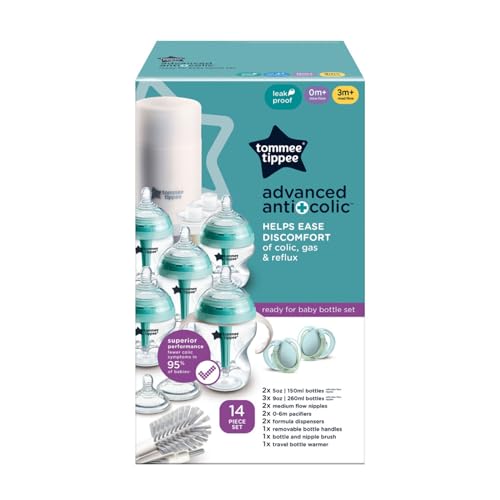 Tommee Tippee Advanced Anti-Colic Bottle, Warmer & Pacifier Set, 0m+ | 14 Pieces, 5 BPA Free Bottles, Travel Bottle Warmer, 2 Newborn Pacifiers, 2 Extra Nipples, Cleaning Brush, Bottle Handles - color: Clear, 14 Pieces