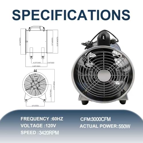 12 Inch Stainless Steel Portable Blower Fan, 3000CFM High Velocity Industrial Exhaust Fan, 16.4ft PVC Duct,Low Noise Ventilation Fan for Workshop Garage Warehouse - size: 12inch