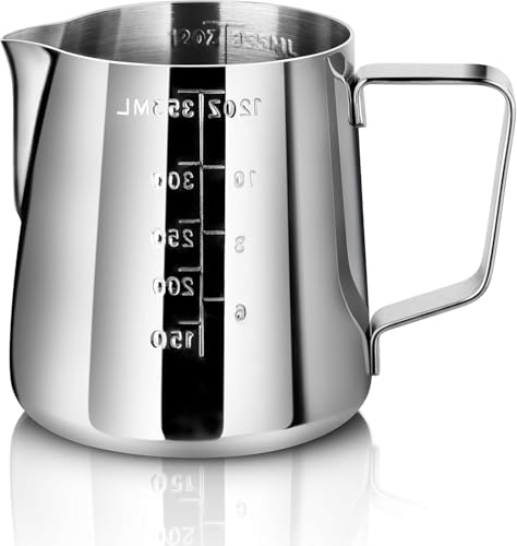 New Star Foodservice 28805 Stainless Steel Frothing Pitcher, 12 oz Espresso Milk Steaming Cup with Measurement Scale, Commercial Grade 18/8 Barista Pitcher for Lattes, Cappuccinos, Coffee, Silver - size: 12 Ounces