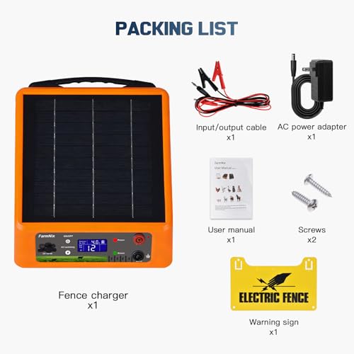 20 Miles Solar Electric Fence Charger, 0.3-2.0J Adjustable Output | Farms & Ranches, 6W Solar Panel, 18Ah Lithium Battery, 6-12KV 0.3-2.0J Adjustable Output, Day & Night Mode, IP55 Waterproof - color: Orange