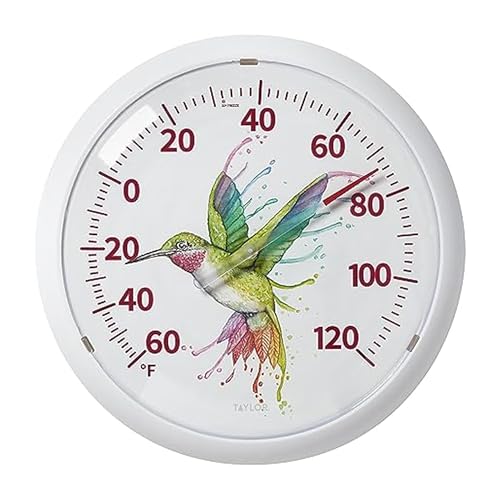 Taylor Watercolor Series Rainbow Hummingbird Indoor Outdoor Dial Thermometer, Home Decor for Patio, Pool, or Garage, 13.25inch, White Bezel - style: Hummingbird