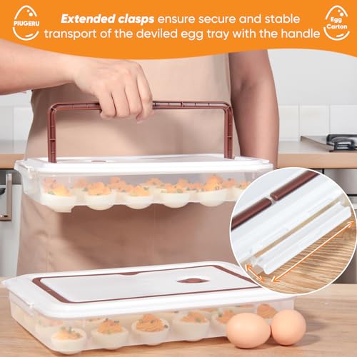 Deviled Egg Containers with Lid, (Set of 2), Plastic Tray Carrier with Handle, Holds Up to 48, Clear Storage Platter for Devil Egg, Portable Fridge Stackable Platter Holder