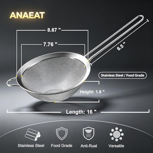 Anaeat Fine Mesh Strainers - Premium Stainless Steel Colander Sieve Sifters, with Durable Mesh and Sturdy Handle, Excellent for Sifting Dry ingredients, Flour, Pastas, Rice, Tea (8.67"） - color: 8.67" Diameter